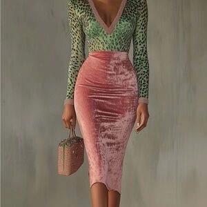 Leopard Print V-Neck Midi Dress - Pink and Green
